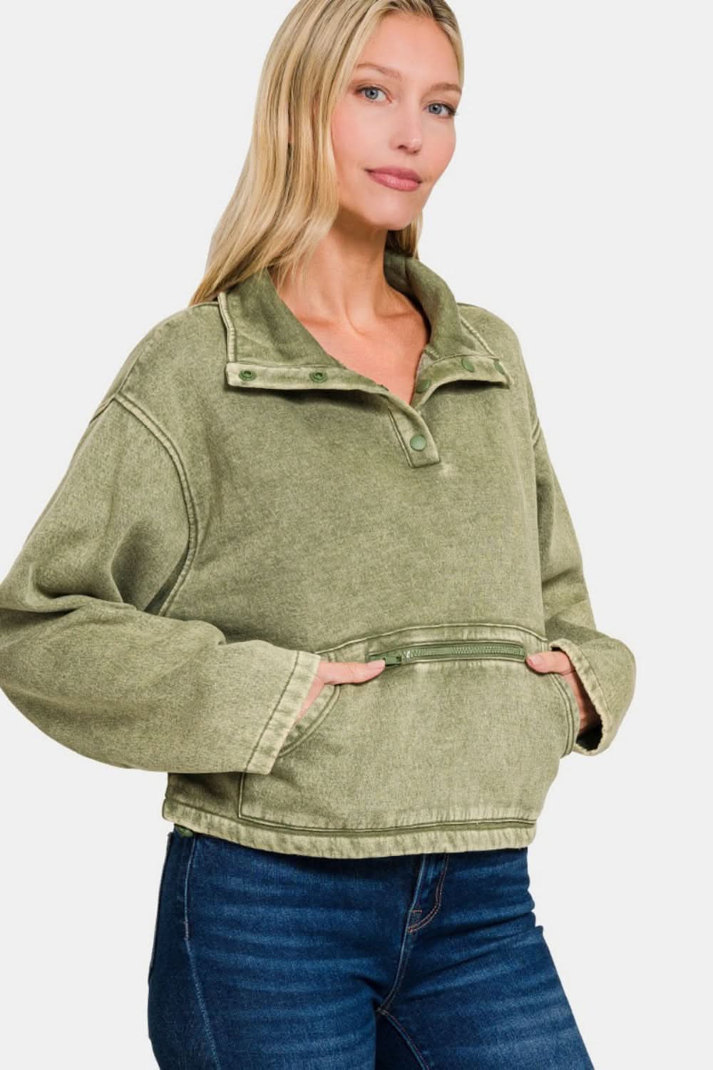Zenana Acid Wash Fleece Half Snap Sweatshirt with Pocket - Love Salve