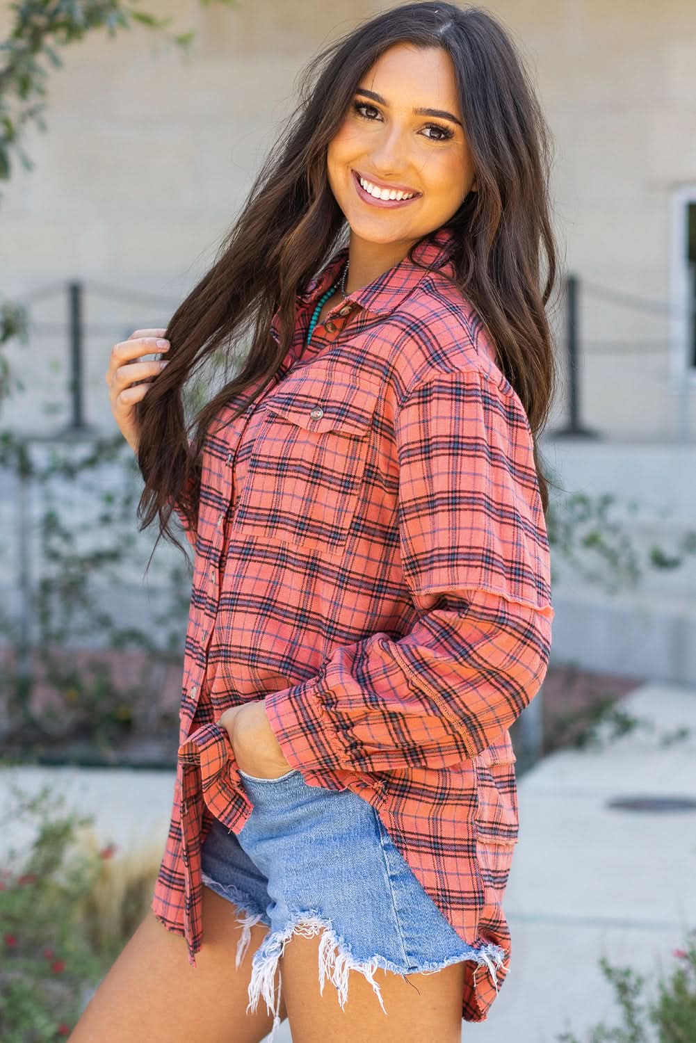 Red Plaid Long Sleeeve Side Split Distressed Hem Shirt - Love Salve