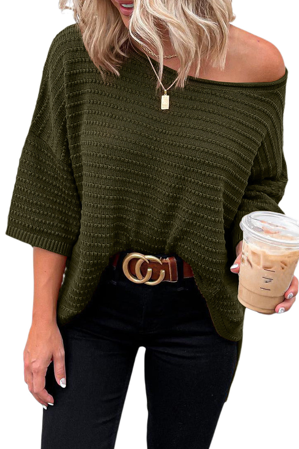 Green Textured Knit Drop Shoulder Short Sleeve Sweater for Women