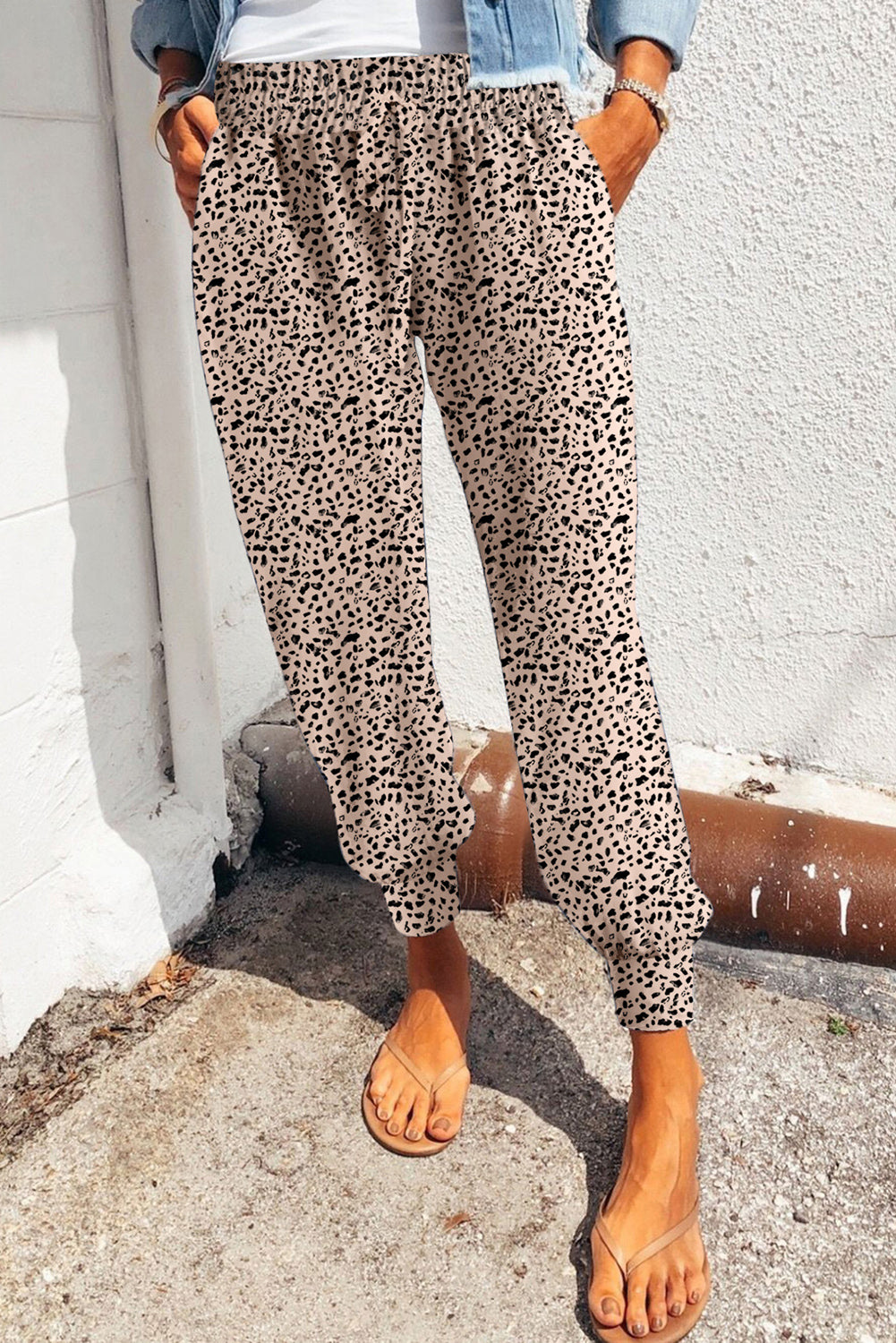 Khaki Leopard Elastic Waist Casual Joggers