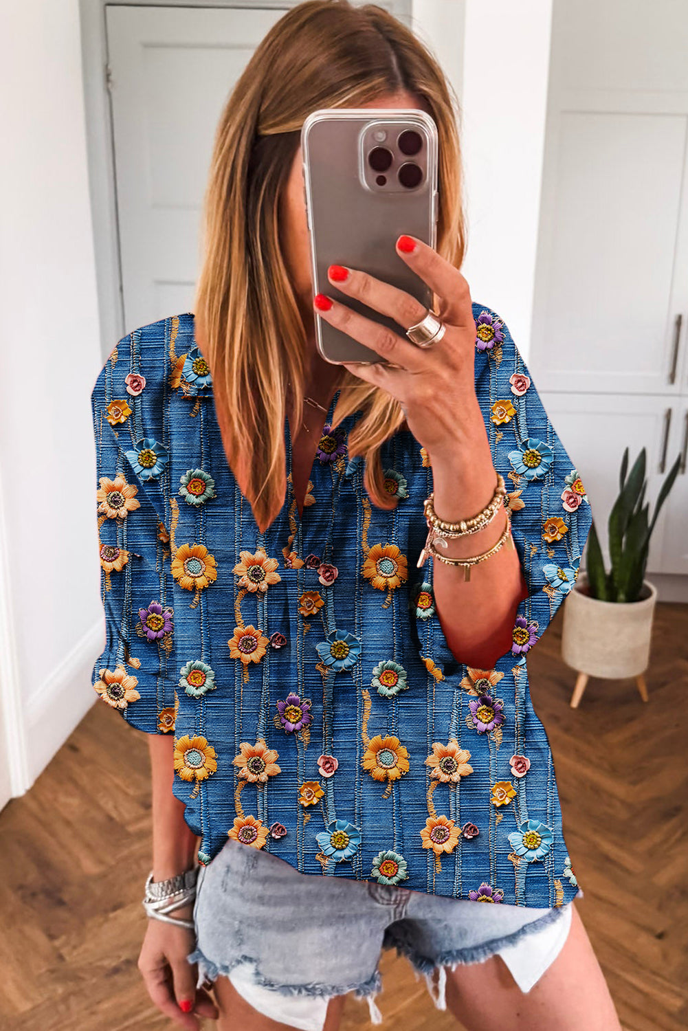 Premium Blue Floral Collared V Neck Roll Up Sleeve Blouse