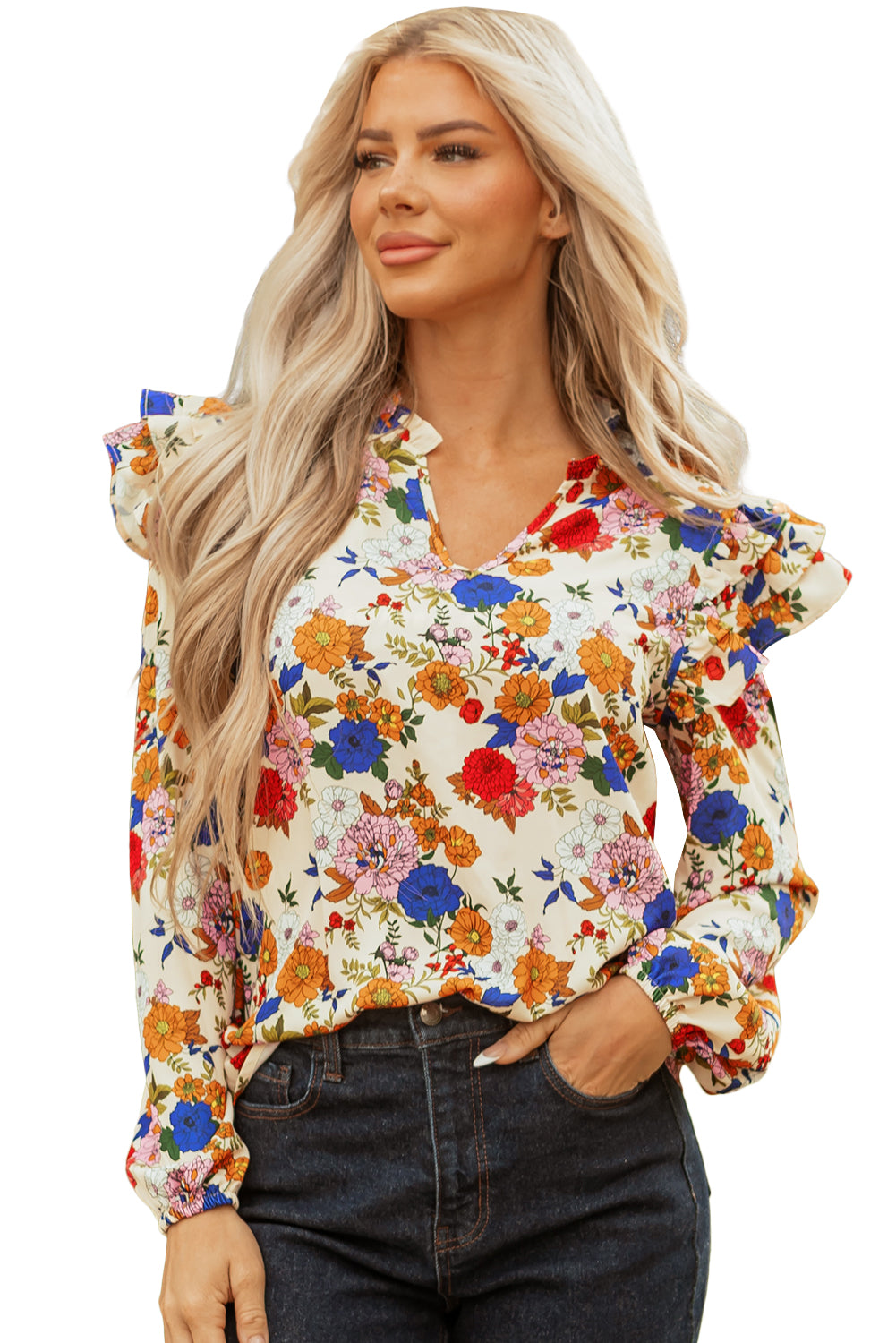 Premium Apricot Ruffled Shoulder Floral Long Sleeve Blouse