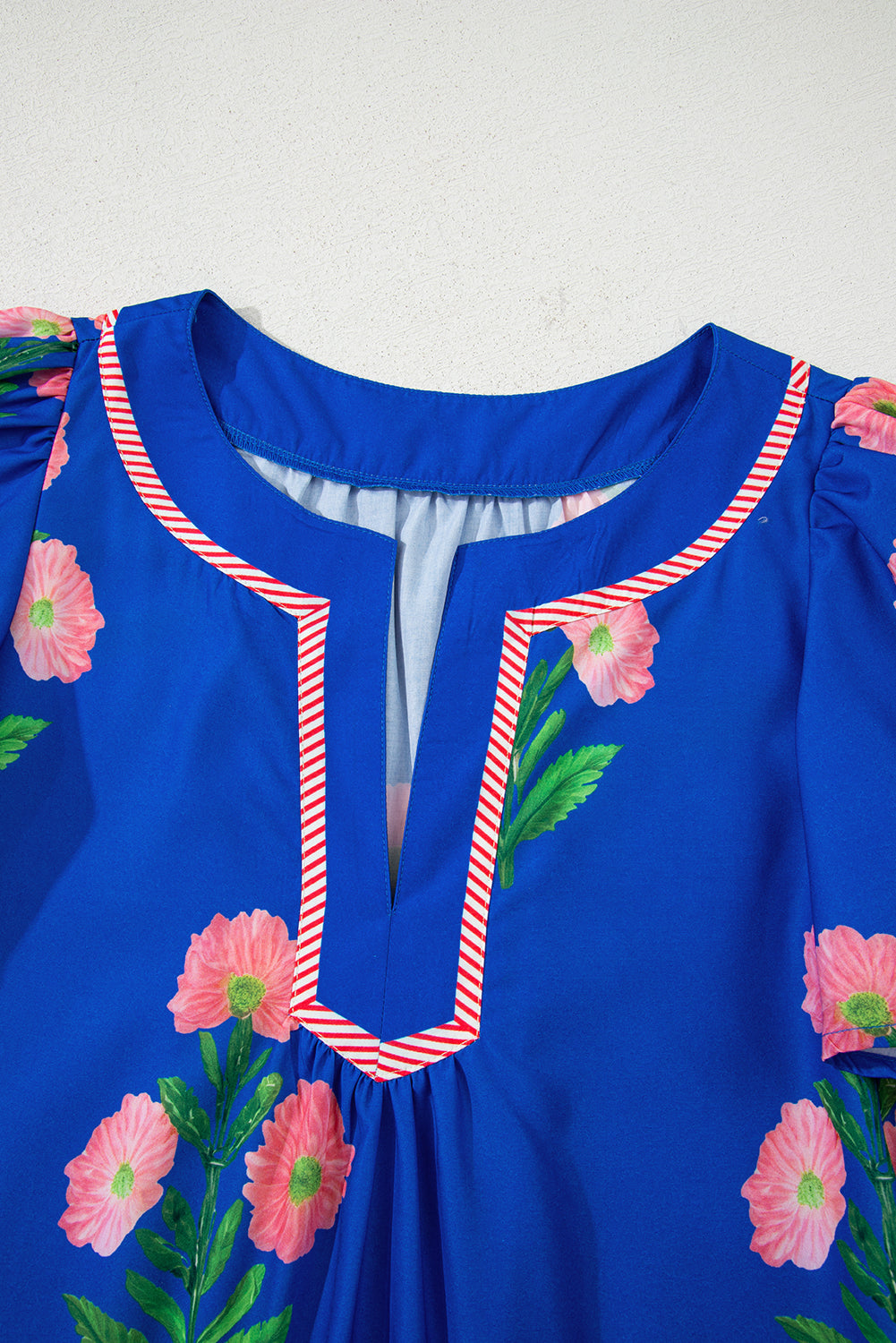 Blue Floral Short Sleeve Split Neck Loose Mini Dress - Love Salve