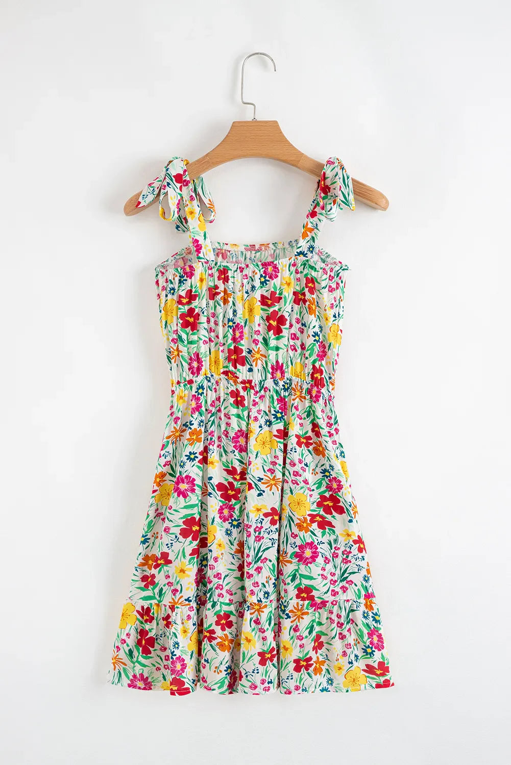 Floral Knotted Straps Cinched Waist Ruffle Hem Mini Dress