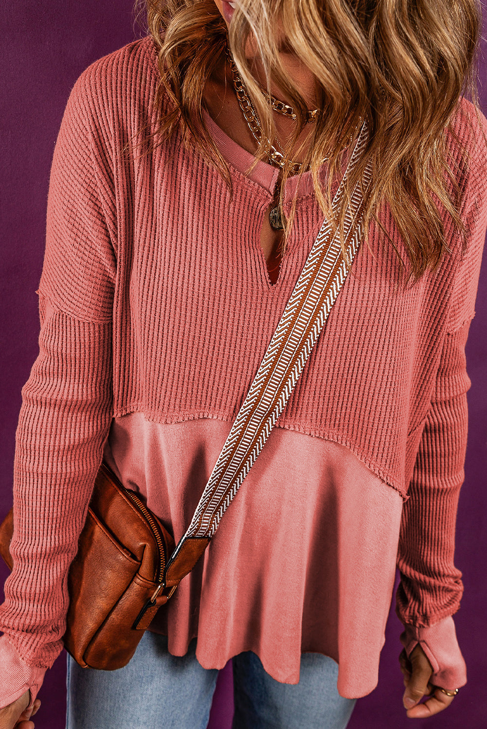 Giselle Exposed Seam Slit Neck Waffle Knit Patchwork Top - Love Salve