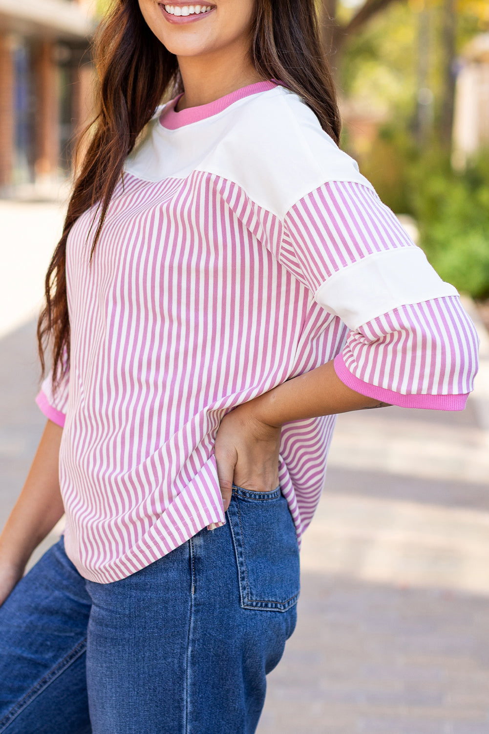 Aliyah Striped Patchwork Three Quarter Sleeve Casual Top - Love Salve
