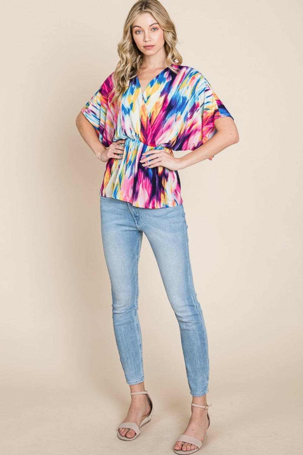 BOMBOM Printed Surplice Peplum Blouse - Love Salve