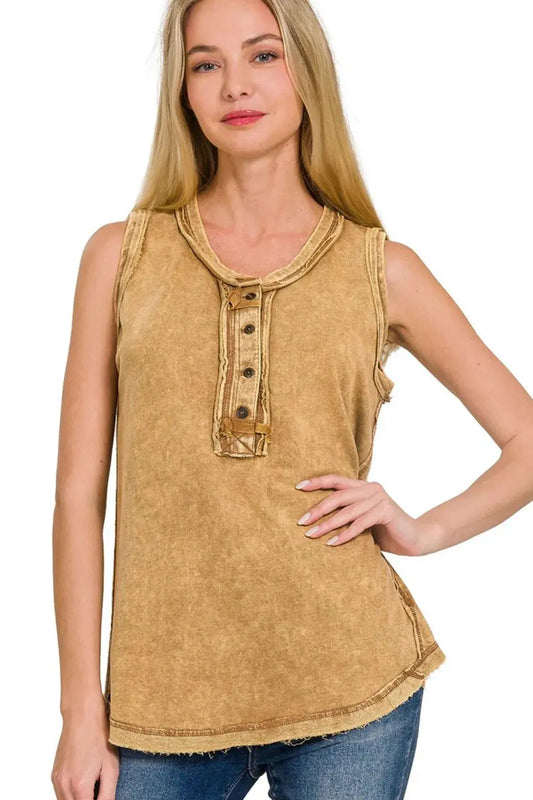 Zenana Washed Half-button Raw Edge Sleeveless Henley Top - Love Salve
