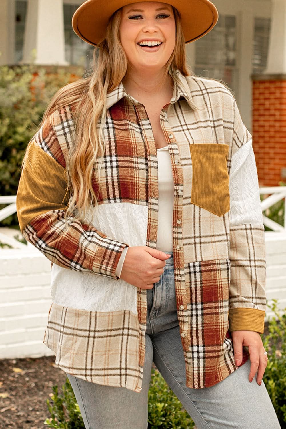 Golden apricot plaid shacket plus size - Love Salve