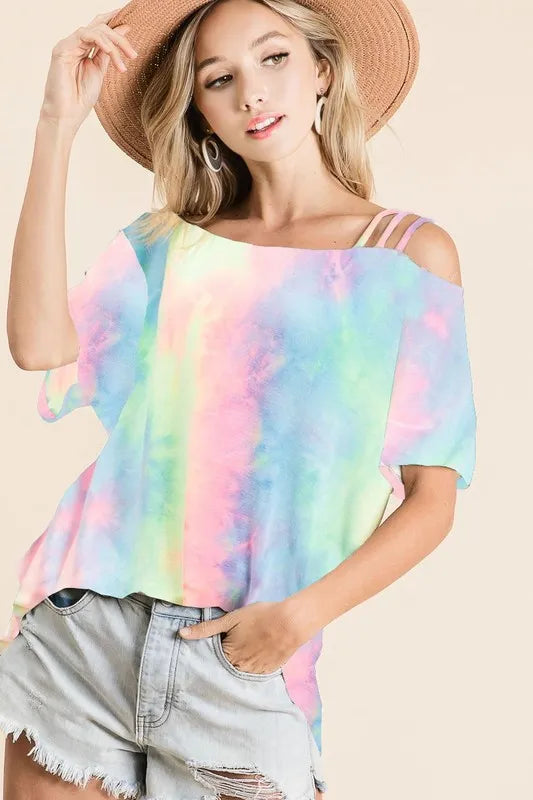 BiBi Tie Dye French Terry Strapped One Shoulder Top - Love Salve