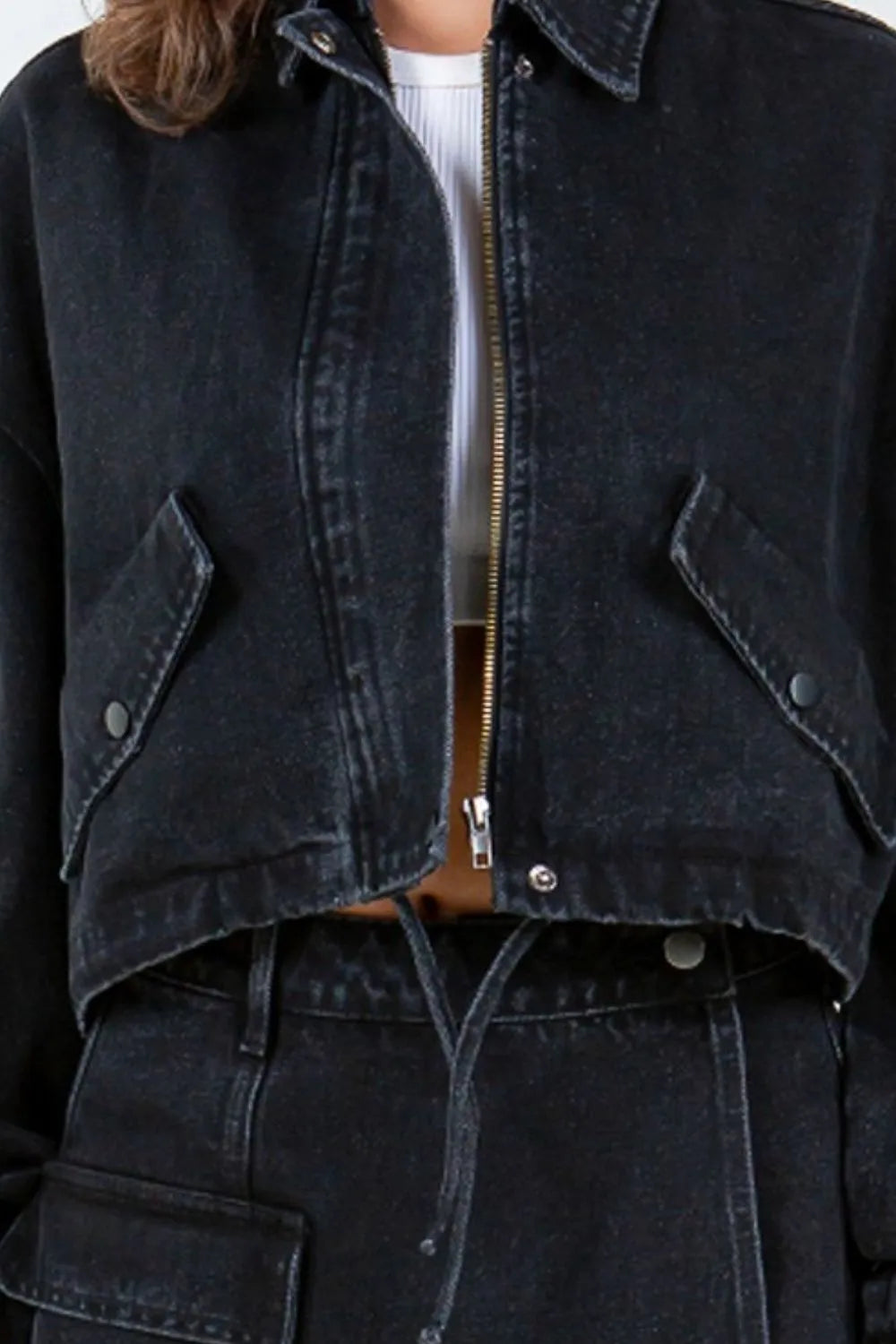 American Bazi Drawstring Waist Crop Denim Jacket with Zipper Front Closure and Elastic Banded Hem - Love Salve