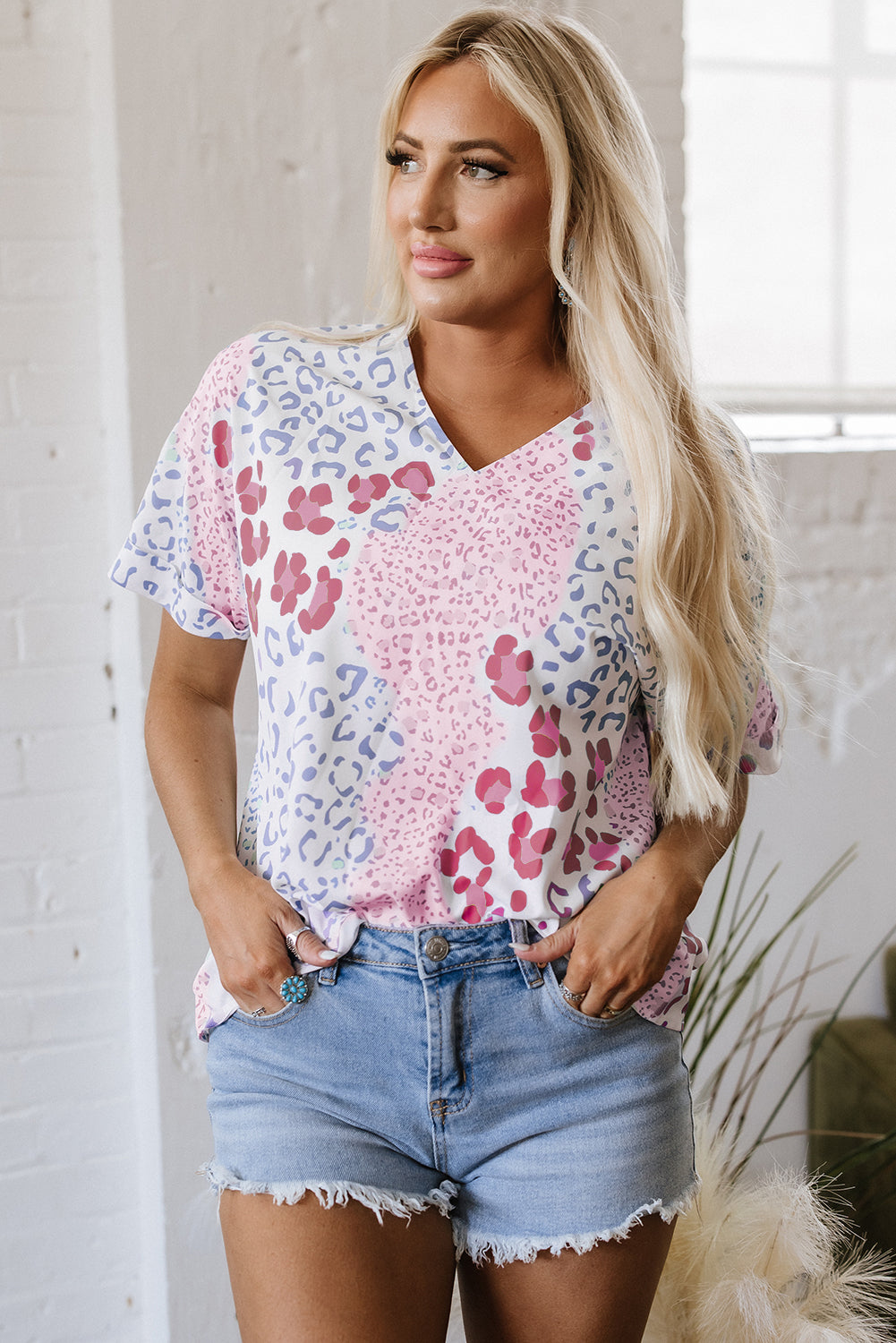 Pink Mixed Leopard Print V Neck Short Sleeve Blouse Women