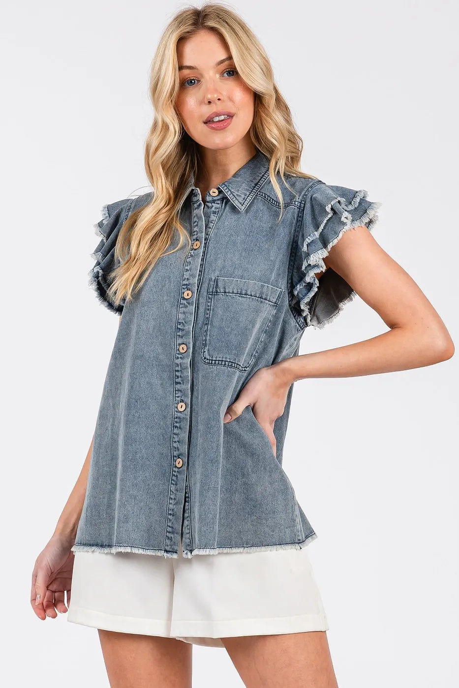 Mittoshop Washed Denim Ruffle Short Sleeve Collared Shirt - Love Salve