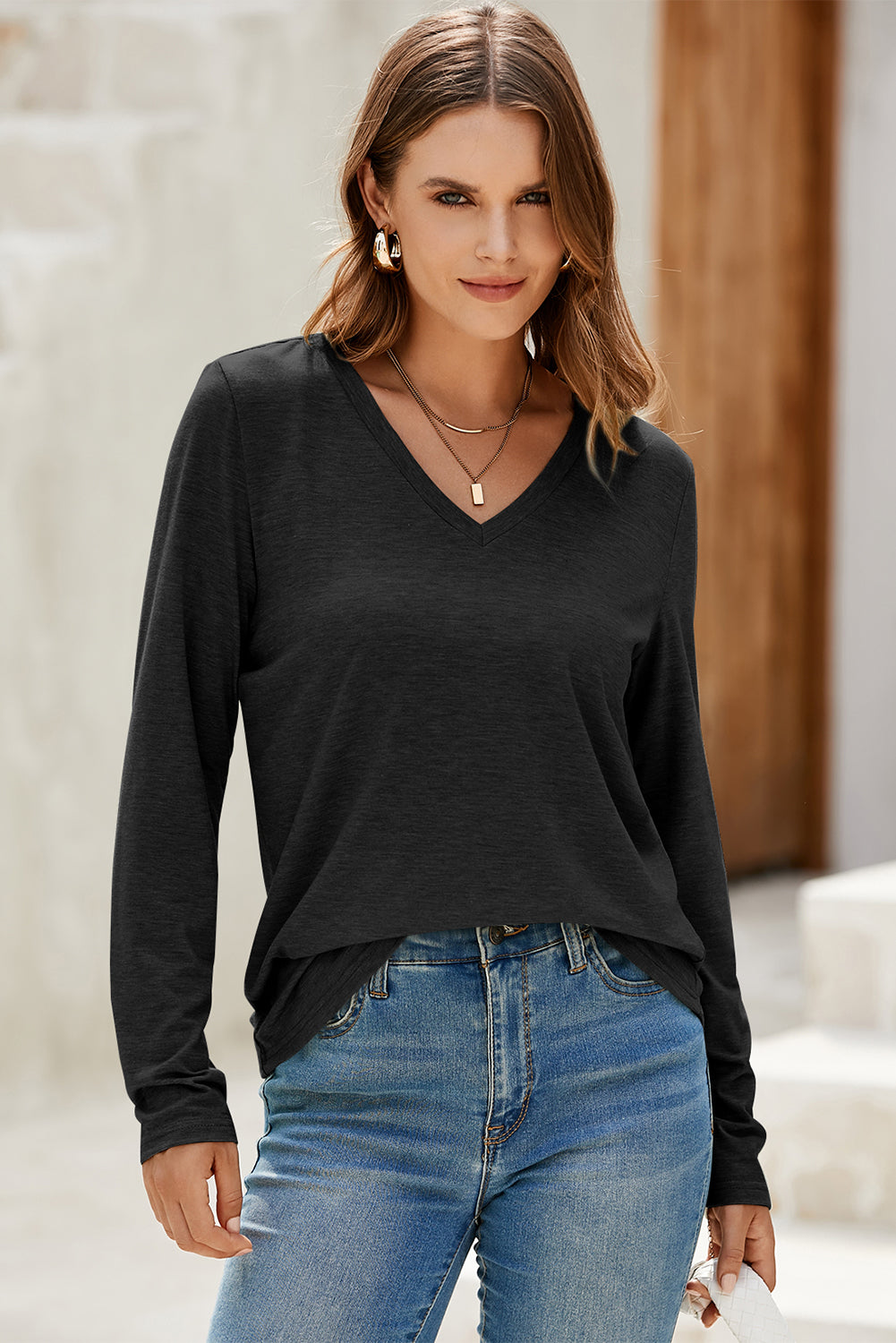 Black Casual Black Solid Color V Neck Long Sleeve Stretchy Top - Side view by Dear-Lover Dropshipping