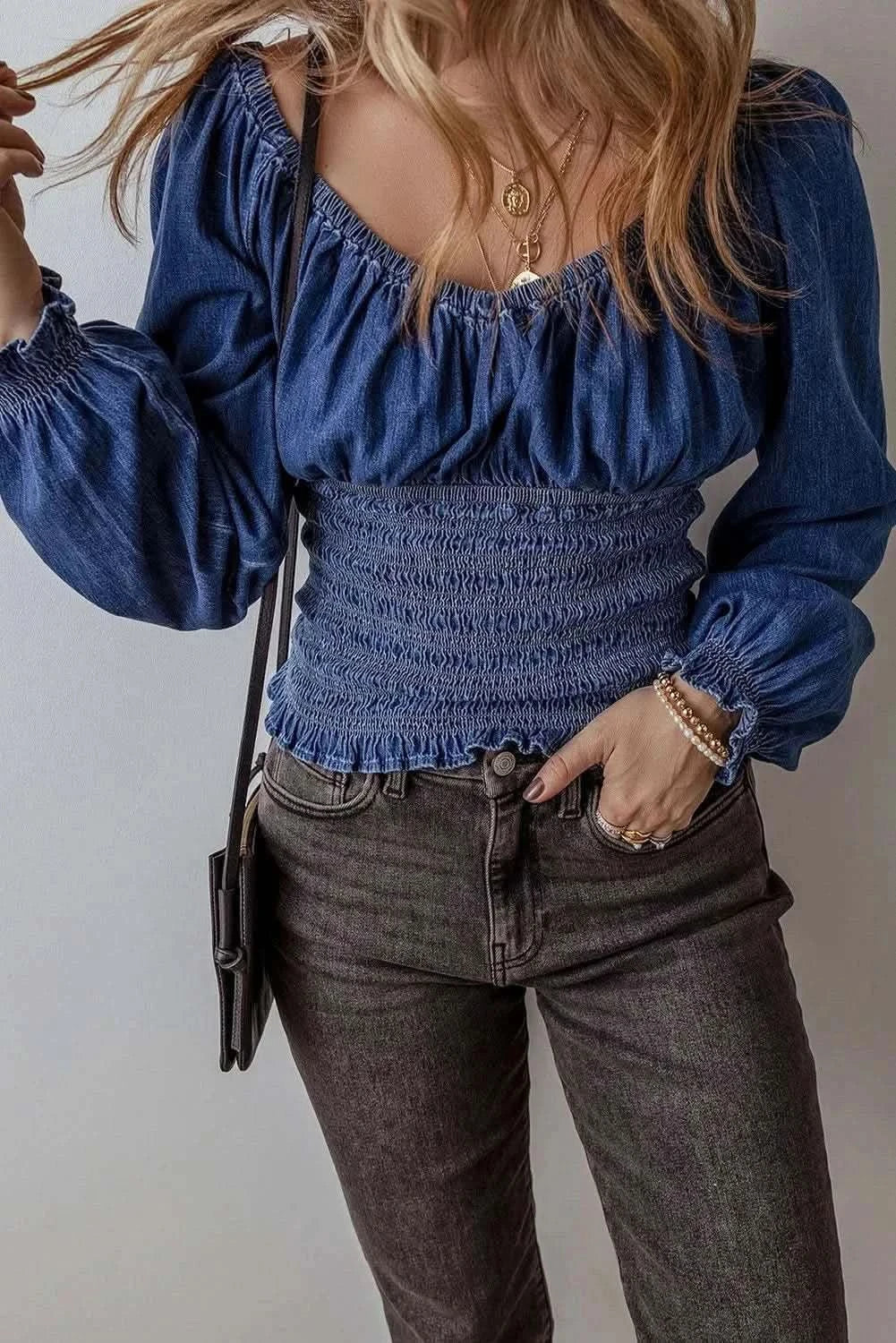 Smocked denim long sleeve top - Love Salve