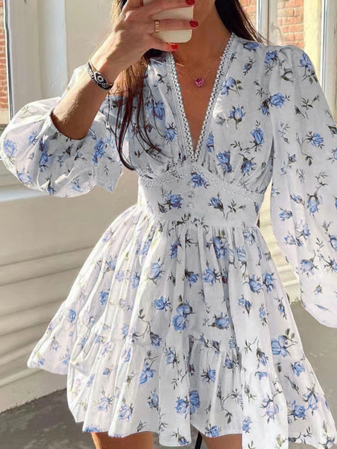 Whimsical Bloom V-Neck Lace Mini Dress