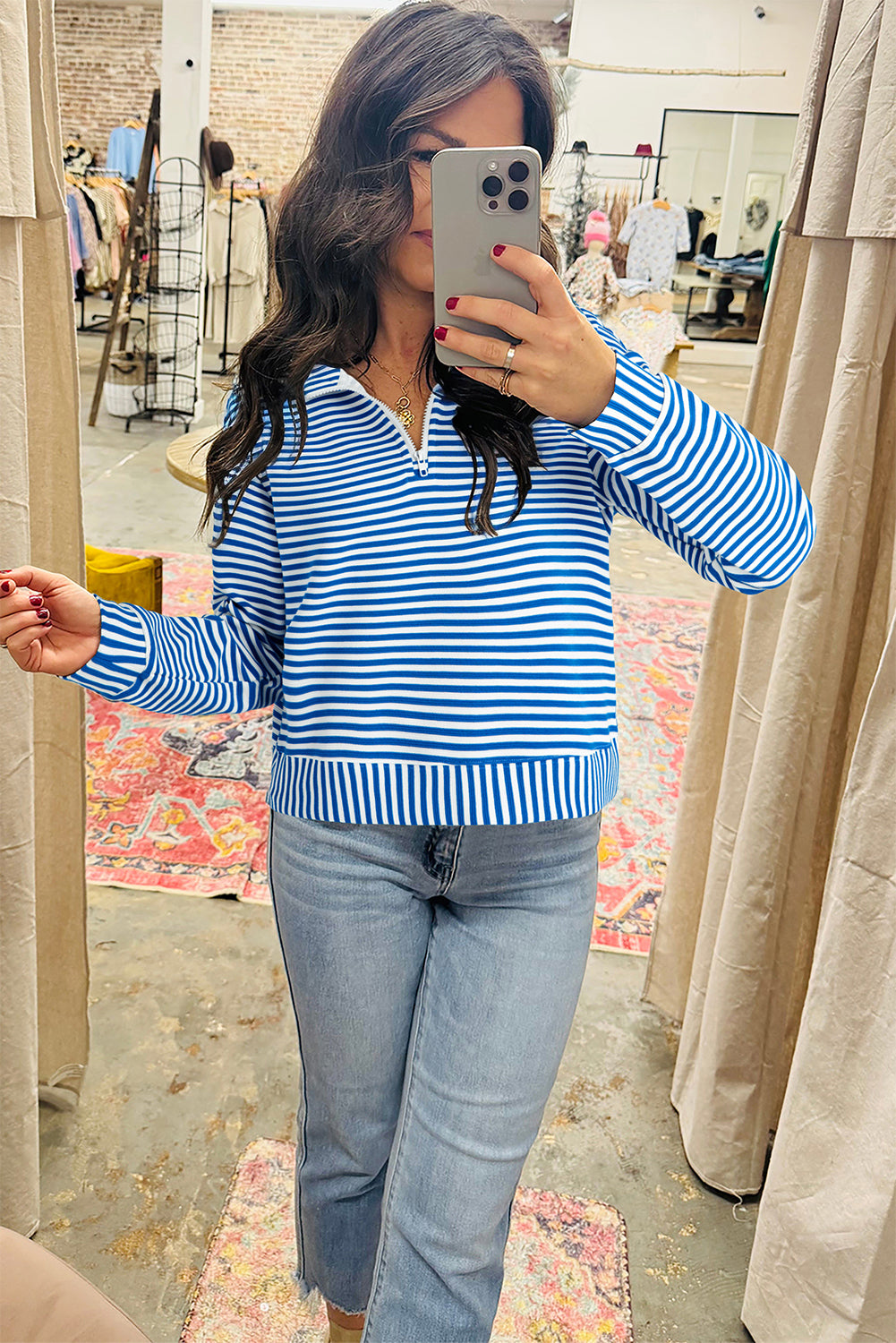 Premium Blue Stripe Quarter Zip Collar Pullover Long Sleeve Top