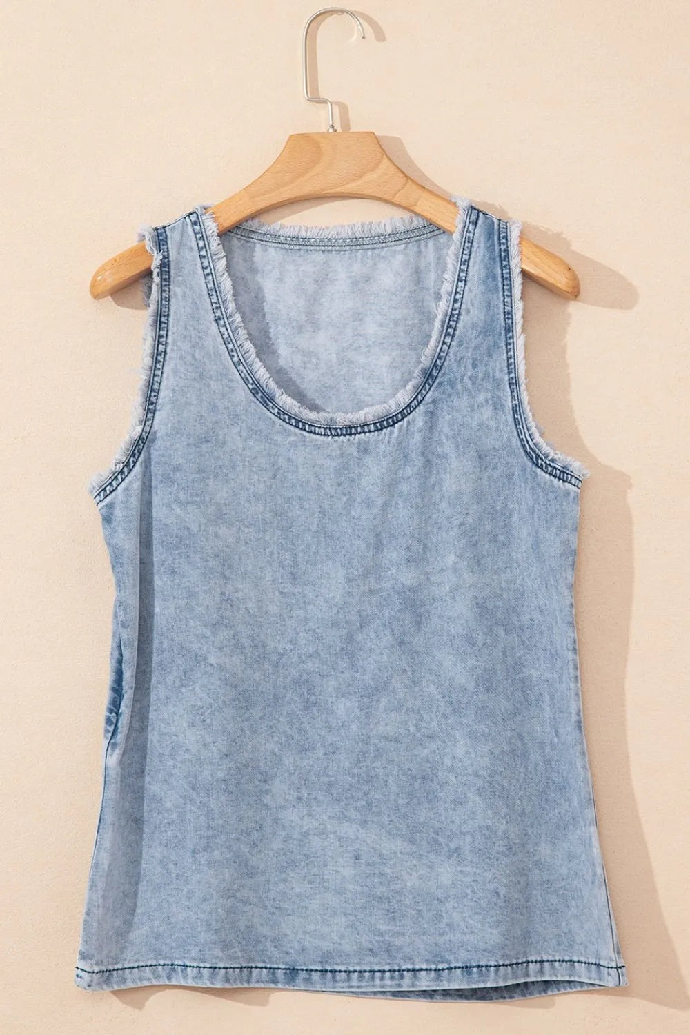 Mineral Wash Denim Frayed U Neck Sleeveless Top