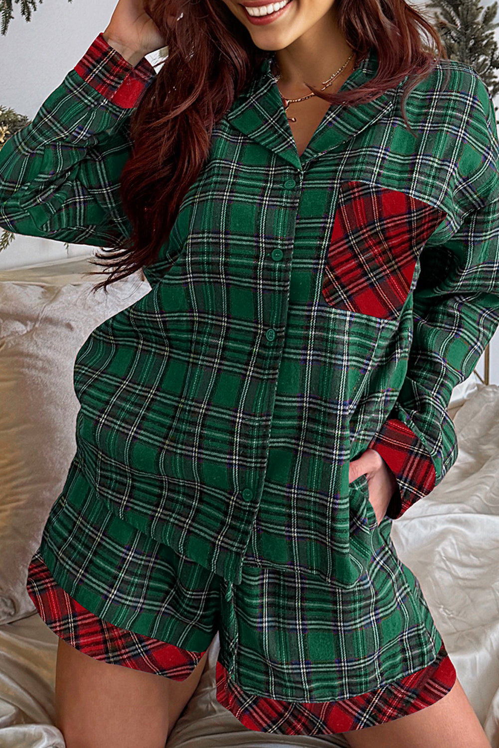 Green Plaid Patchwork Christmas Pajama Set Two Piece Long Sleeve Shirt And Shorts Holiday Sleepwear Dear-Lover Dropshipping