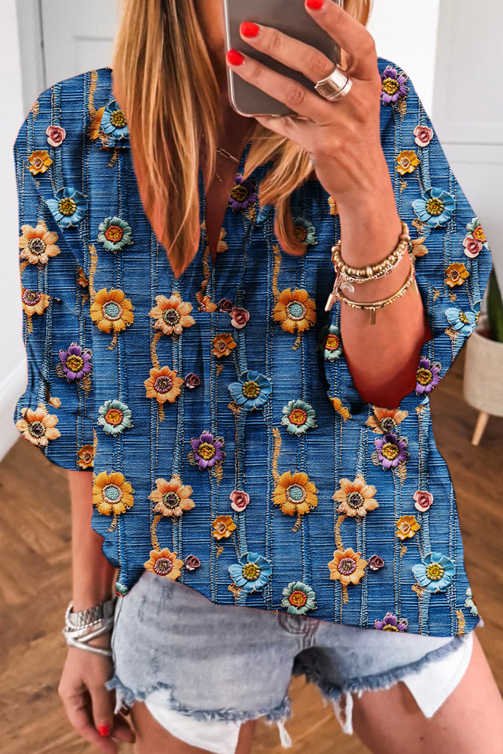 Premium Blue Floral Collared V Neck Roll Up Sleeve Blouse