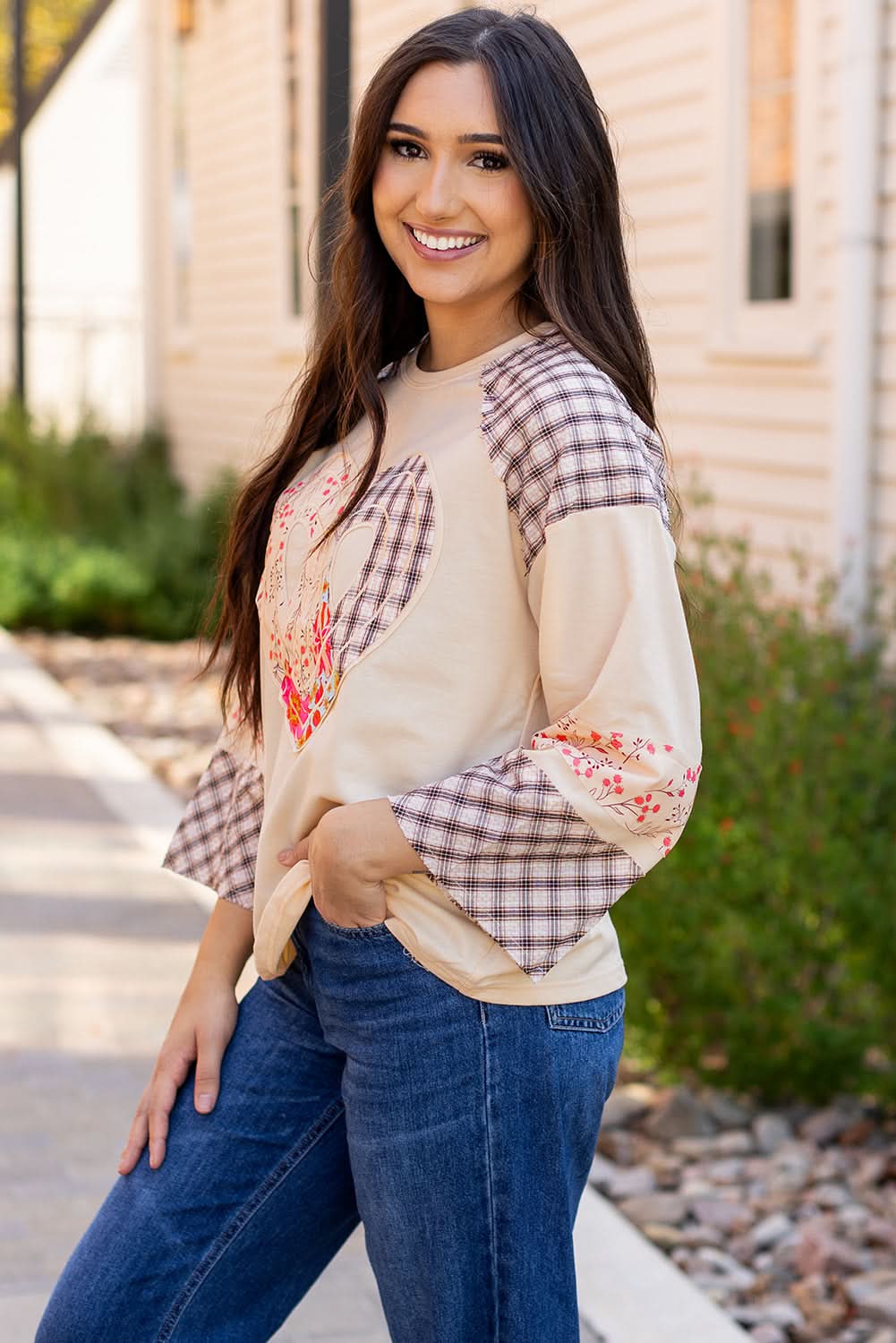 Beige Plaid Floral Peace Heart Graphic Wide Long Sleeve Top - Love Salve