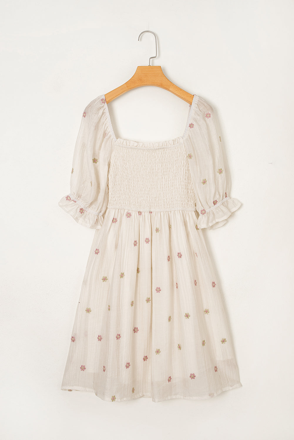 Beige Embroidered Flower Smocked Bust Half Puff Sleeve Dress