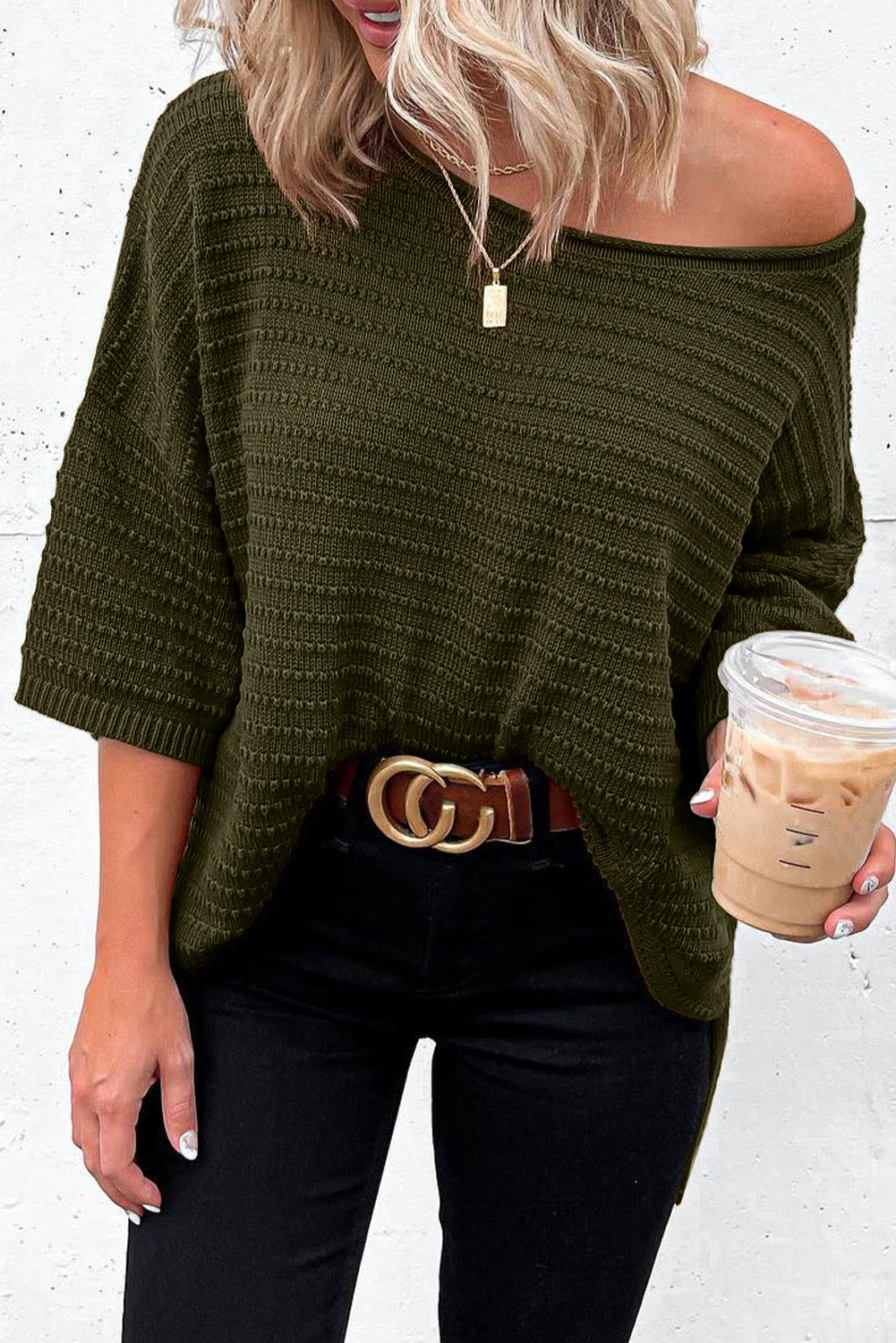 Green Textured Knit Drop Shoulder Short Sleeve Sweater for Women