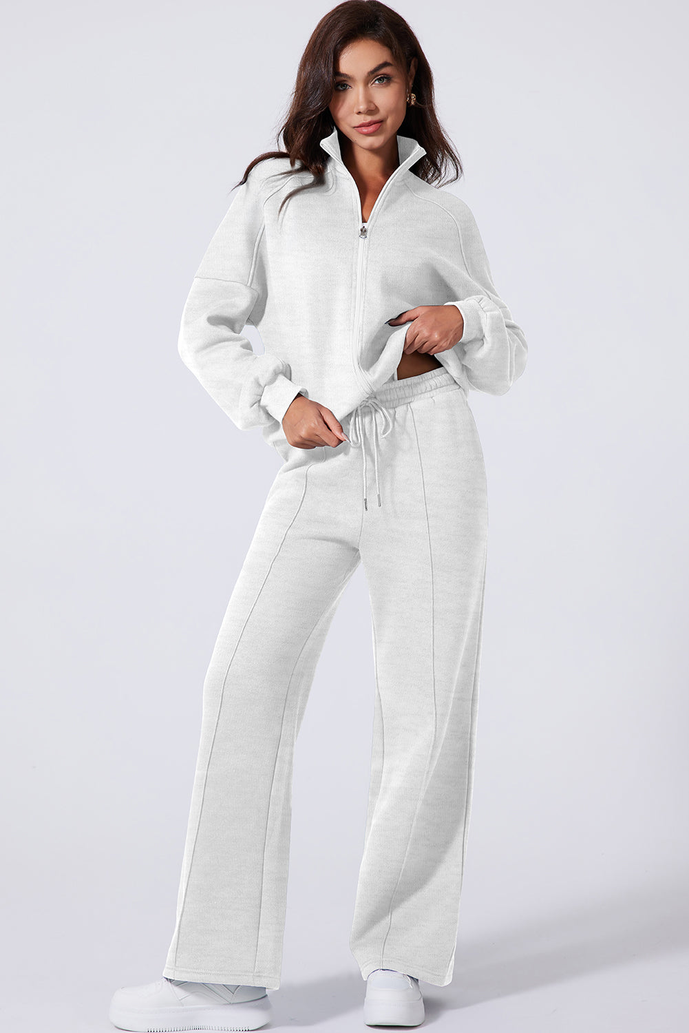 Light Grey Drop Shoulder Zip Jacket Drawstring Pants Set