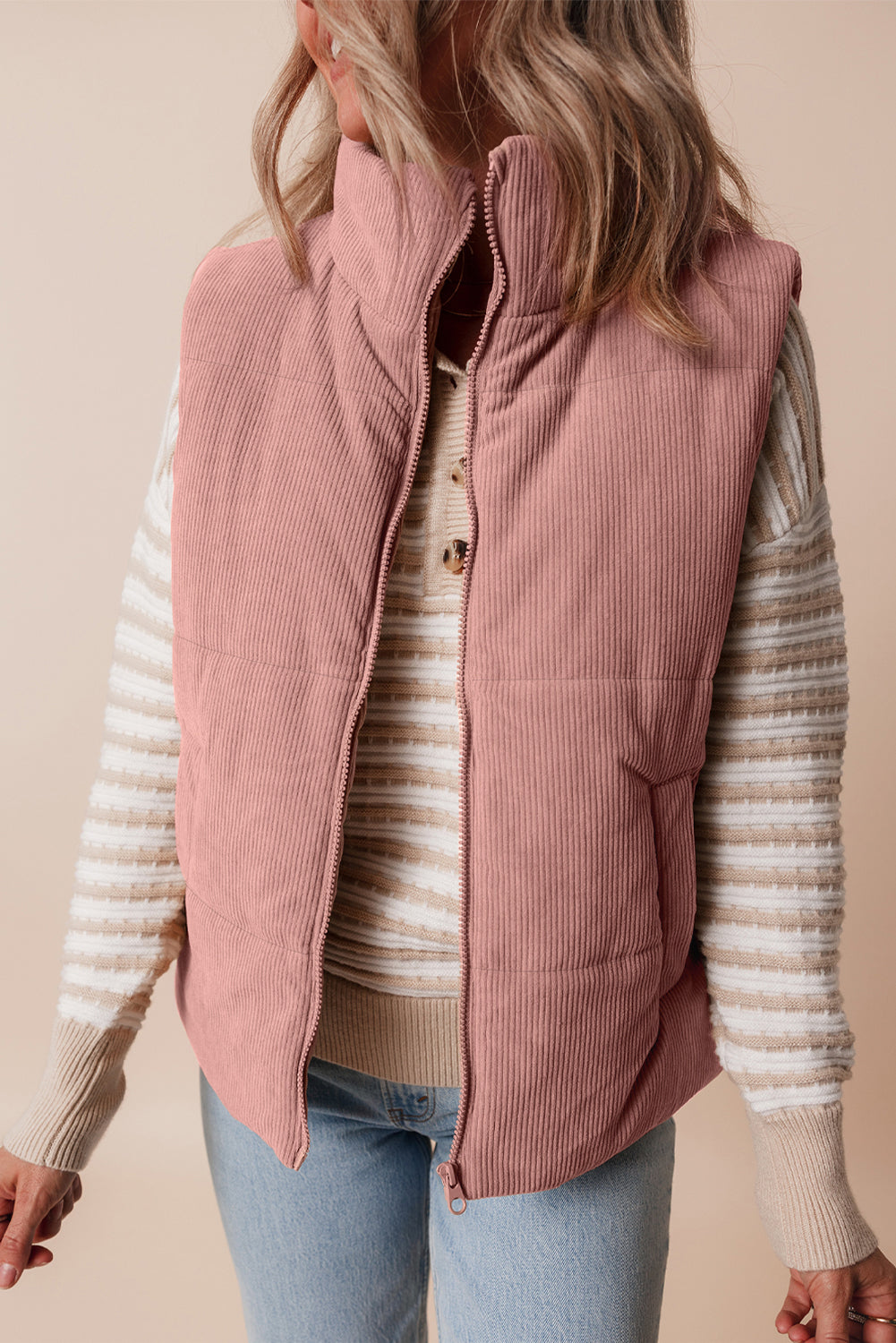 Apricot Pink Corduroy Stand Neck Zipped Puffer Vest by De...