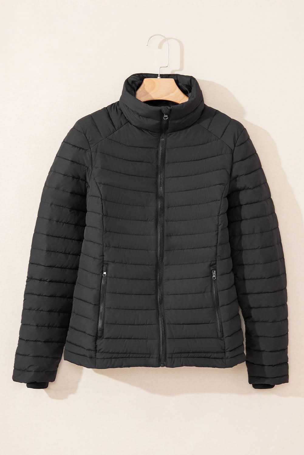 Black Solid Color Quilted Zip-up Puffer Jacket - Love Salve