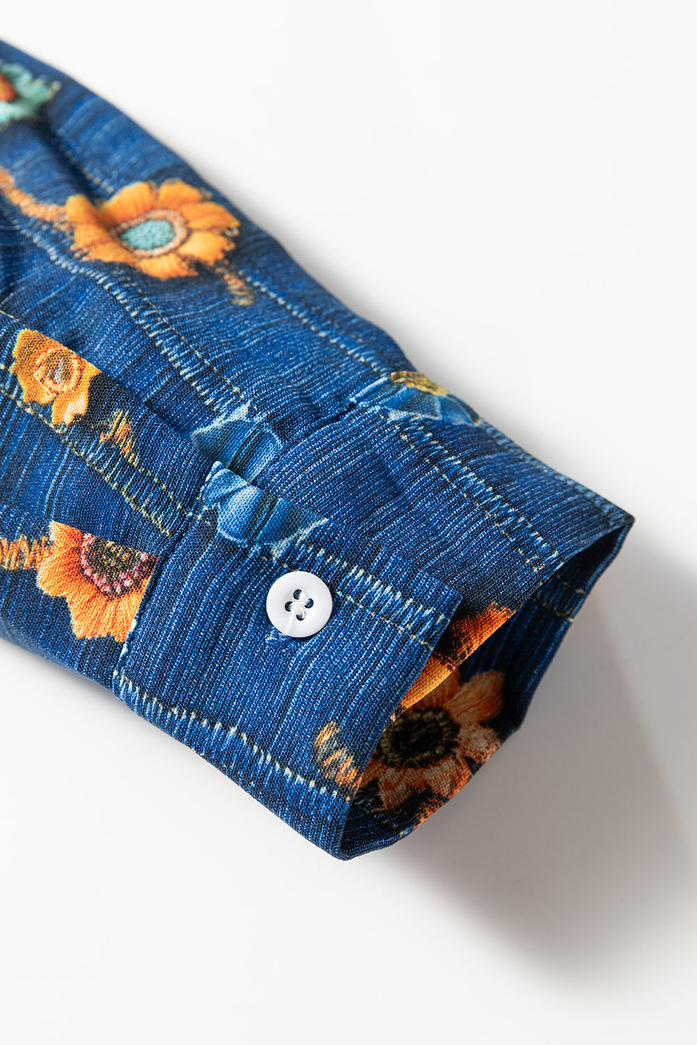 Premium Blue Floral Collared V Neck Roll Up Sleeve Blouse
