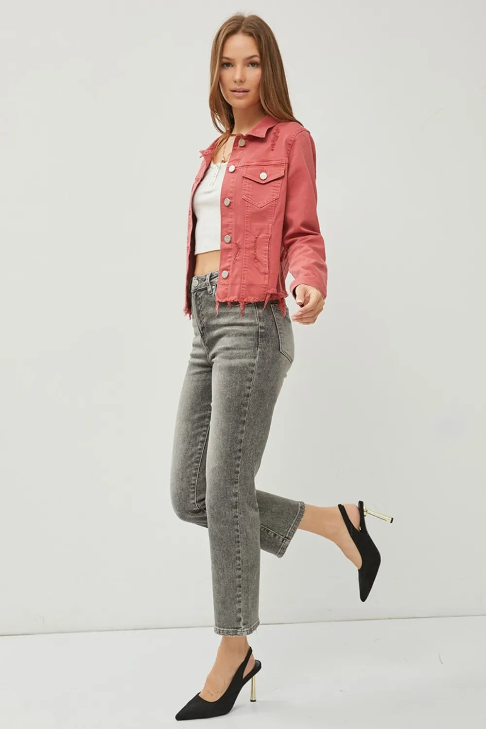 Risen Full Size Raw Hem Button Up Cropped Denim Jacket Plus Size - Love Salve