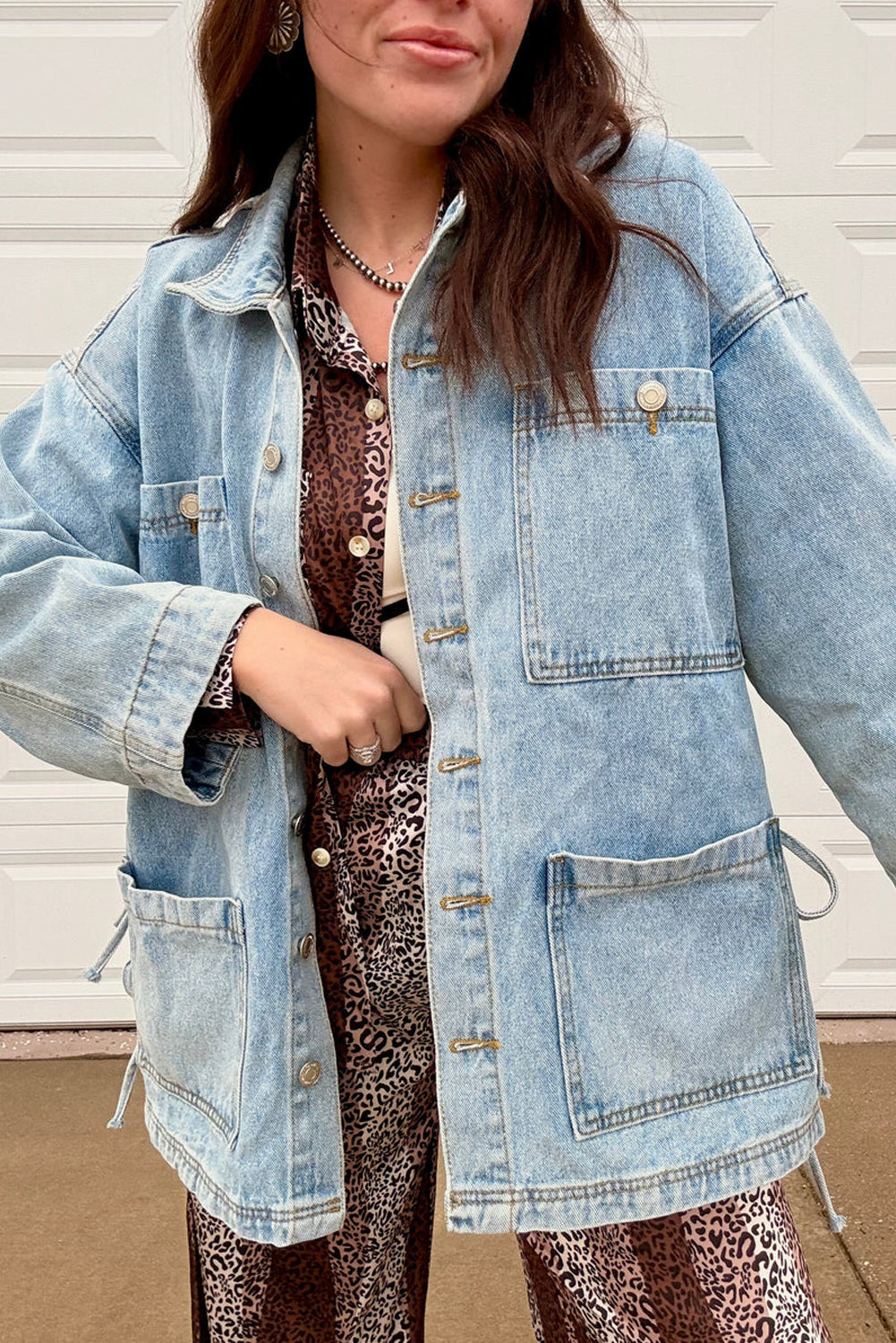 Beau Blue Patchwork Pockets Side Tie Boyfriend Denim Jacket