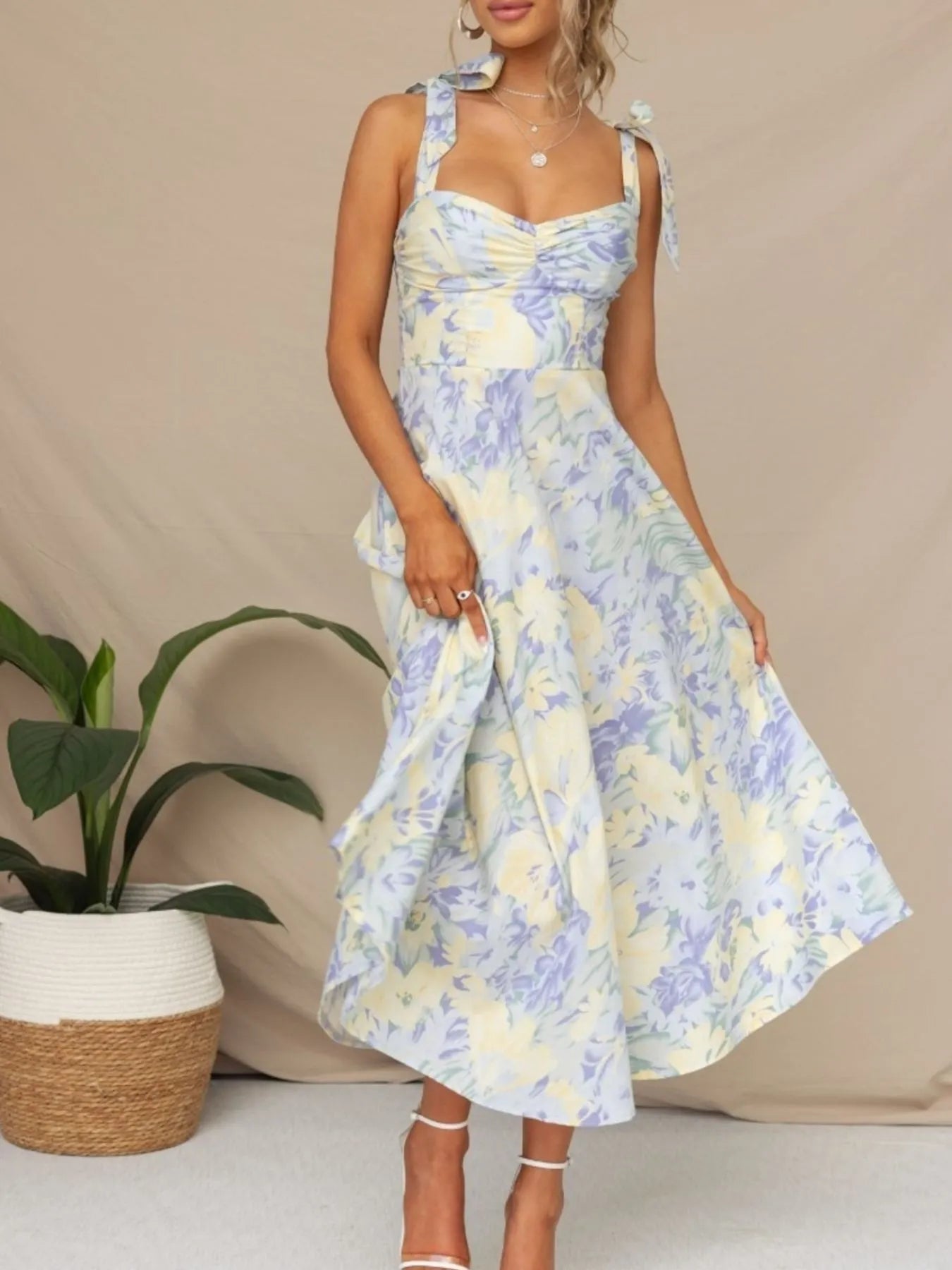 Tie-Shoulder Sweetheart Neck Summer Dress