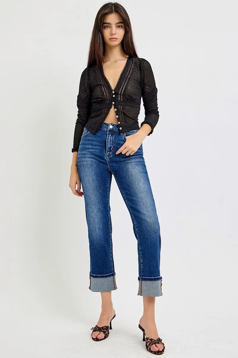 Risen Full Size High Rise Ankle Straight Cuffed Jeans Plus Size - Love Salve