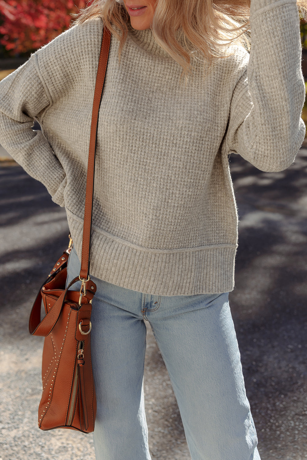 Gray Morn Waffle Knit Ribbed High Neck Drop Shoulder Sweater