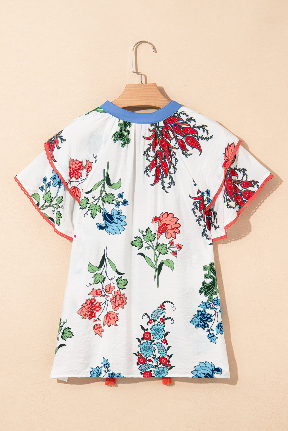 White Floral Print Contrast V Neck Tassel Tie Lace Detail Blouse
