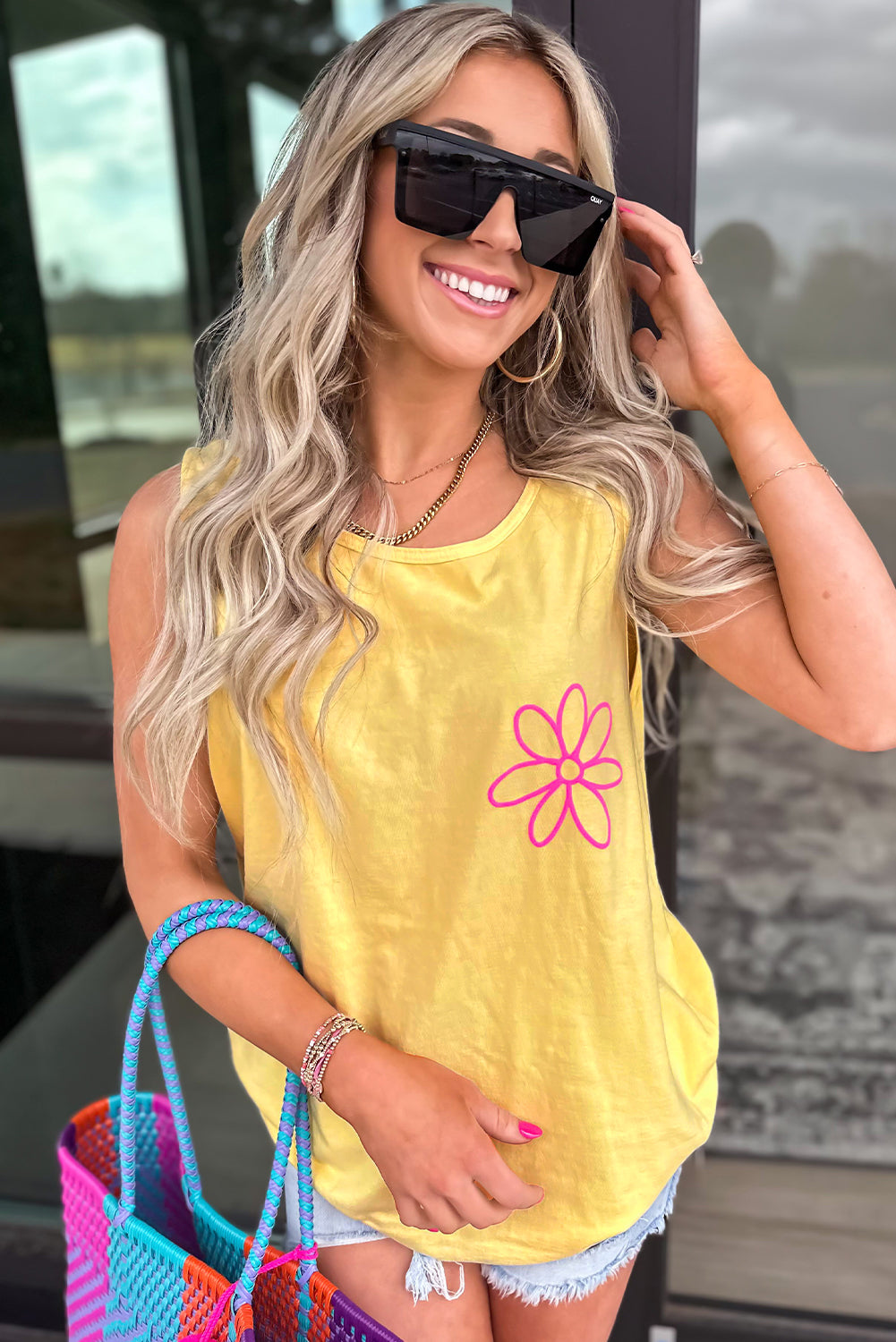 Yellow Cream Flower Graphic Casual Tank Top for Summer Style