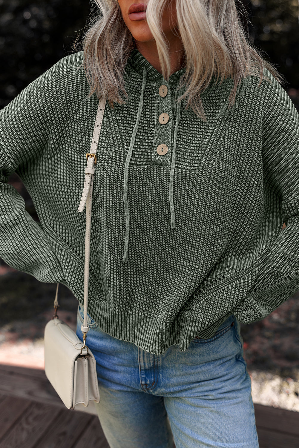 Mist Green Mineral Wash Ribbed Knit Hooded Sweater