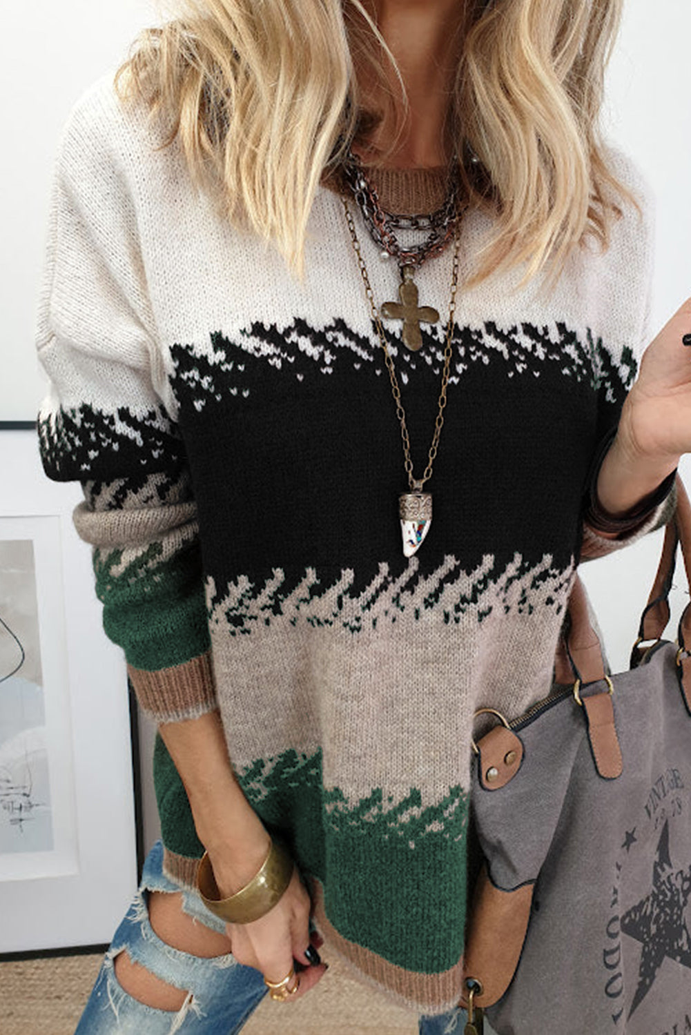Premium Black Color Block Drop Shoulder Sweater Stylish Pattern