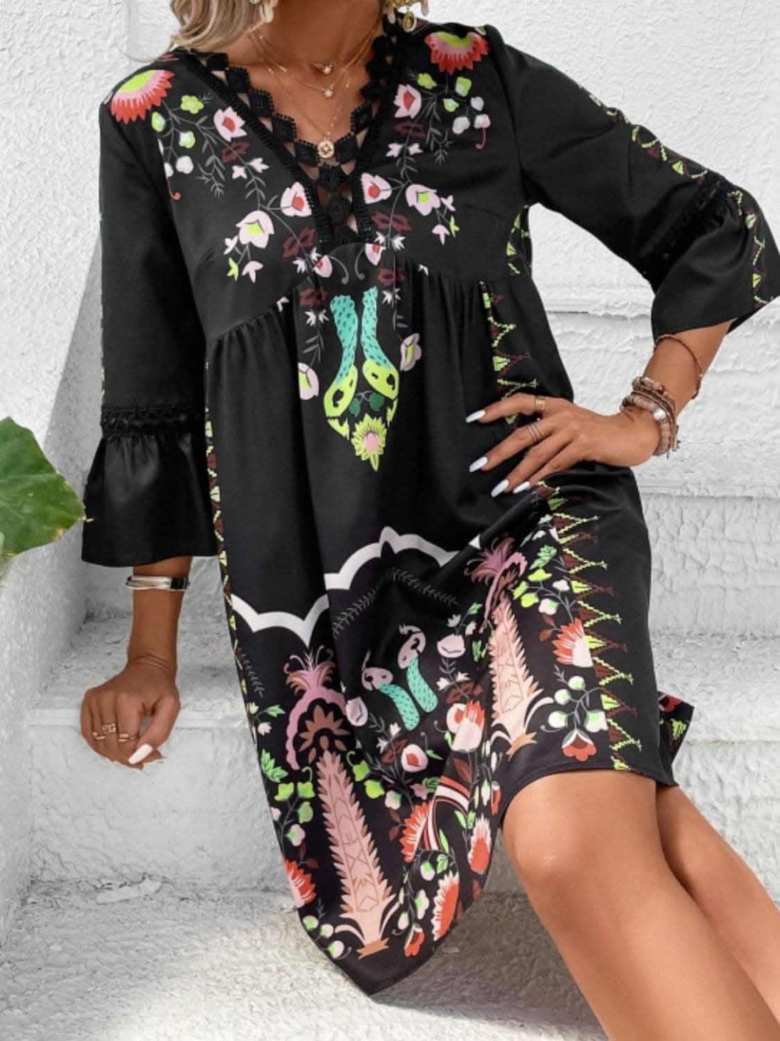 Lace Printed Three-Quarter Dress with Sheer Elegance - Love Salve