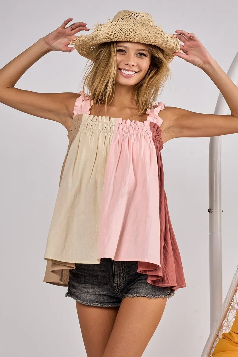 BiBi Frill Shoulder Strap Color Block Bodice Top - Love Salve
