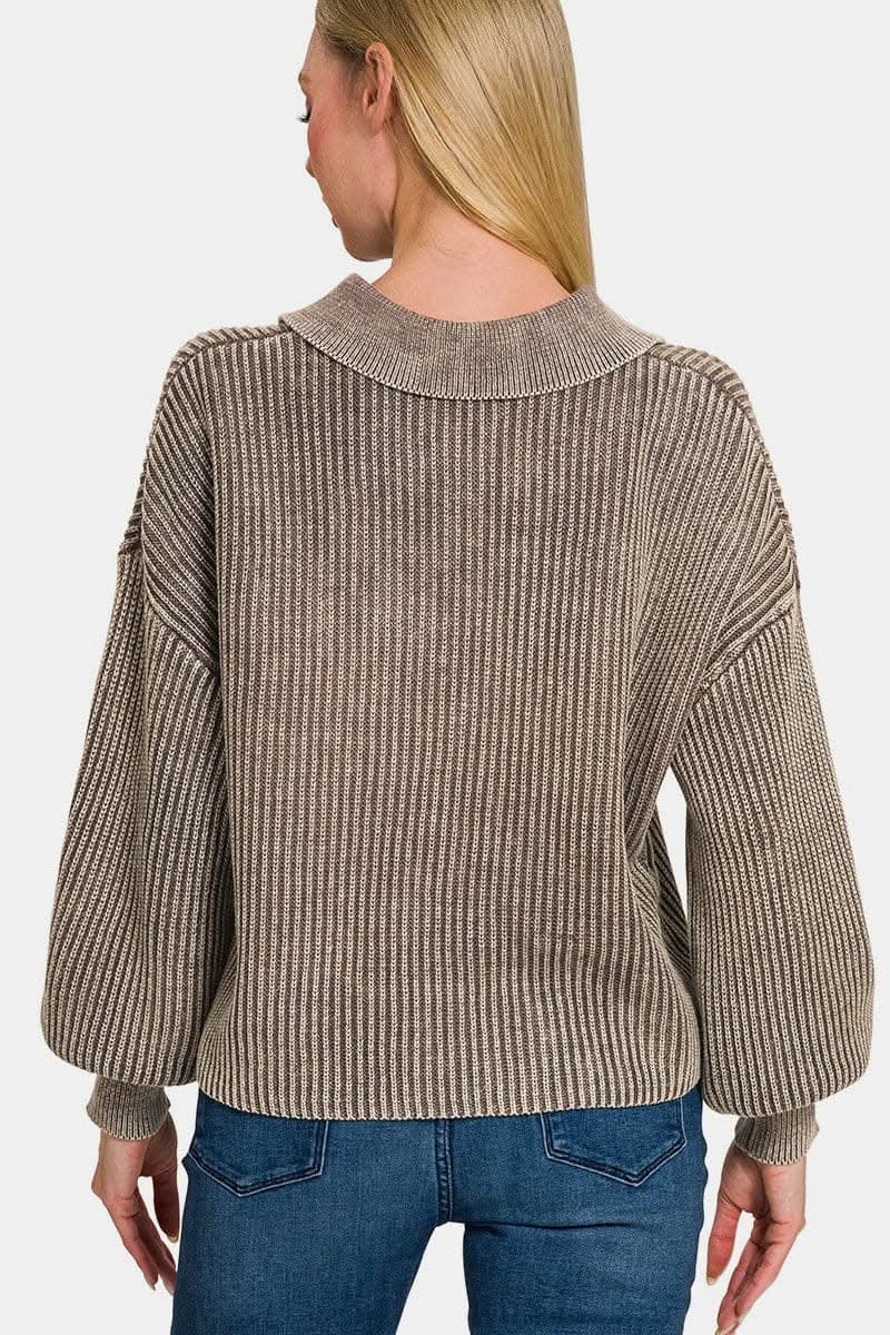 Zenana Washed Half Button Long Sleeve Pullover.