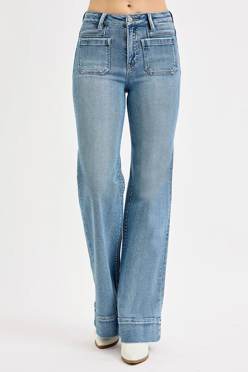 Risen Full Size High Rise Wide Flare Patch Pocket Jeans Plus Size - Love Salve