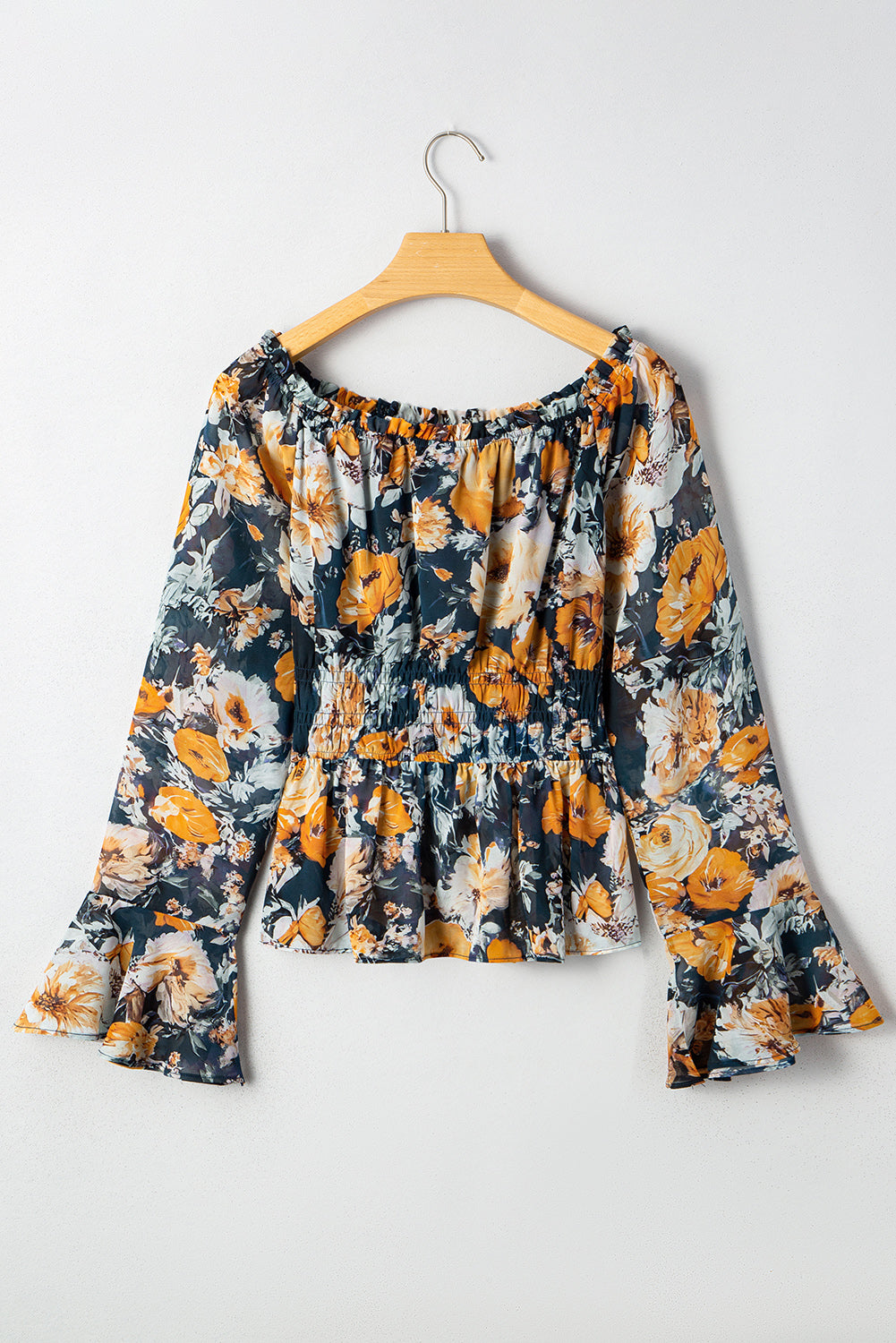Premium Blue Floral Off Shoulder Bell Sleeve Smocked Peplum Top