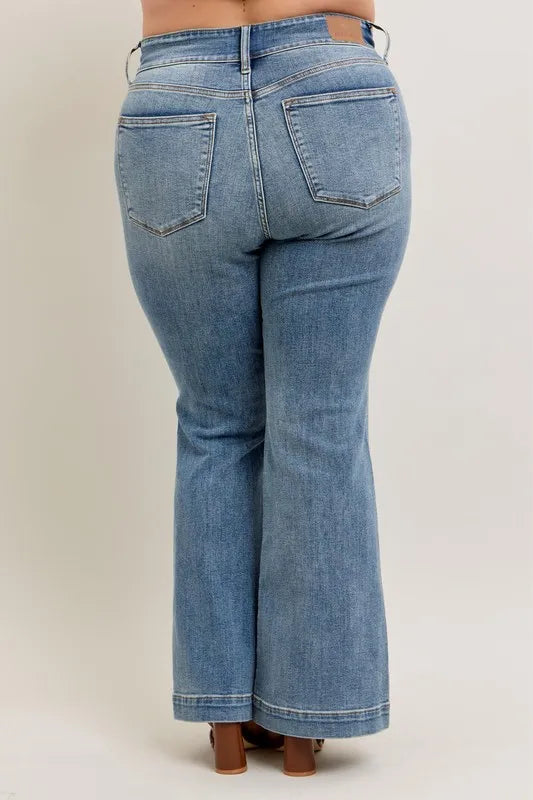 Judy Blue Plus Size High Waist Flare Denim Jeans with Front Seam Detail - Love Salve
