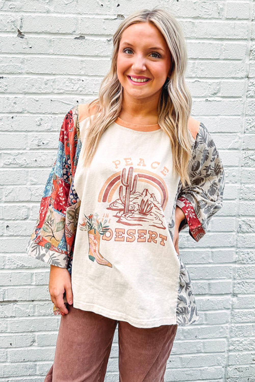 Multicolour Asymmetric Printed Patchwork Sleeve Top for Women