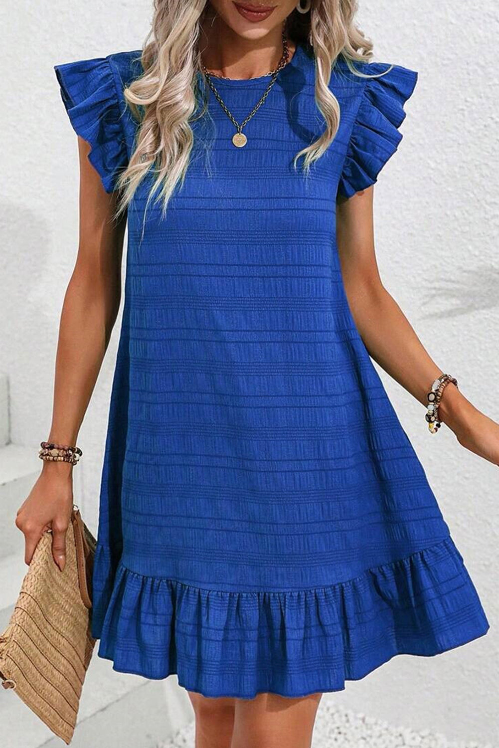 Dark Blue Textured Flutter Sleeve Ruffled Mini Dress for Summer