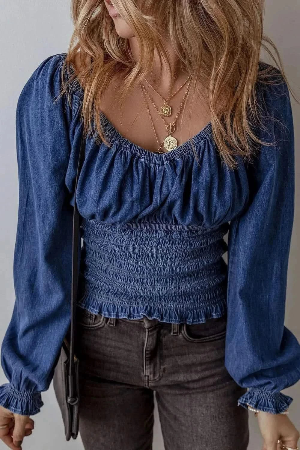 Smocked denim long sleeve top - Love Salve