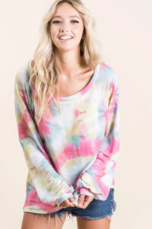 BiBi Tie Dye Print Terry Top With Puff Sleeves - Love Salve
